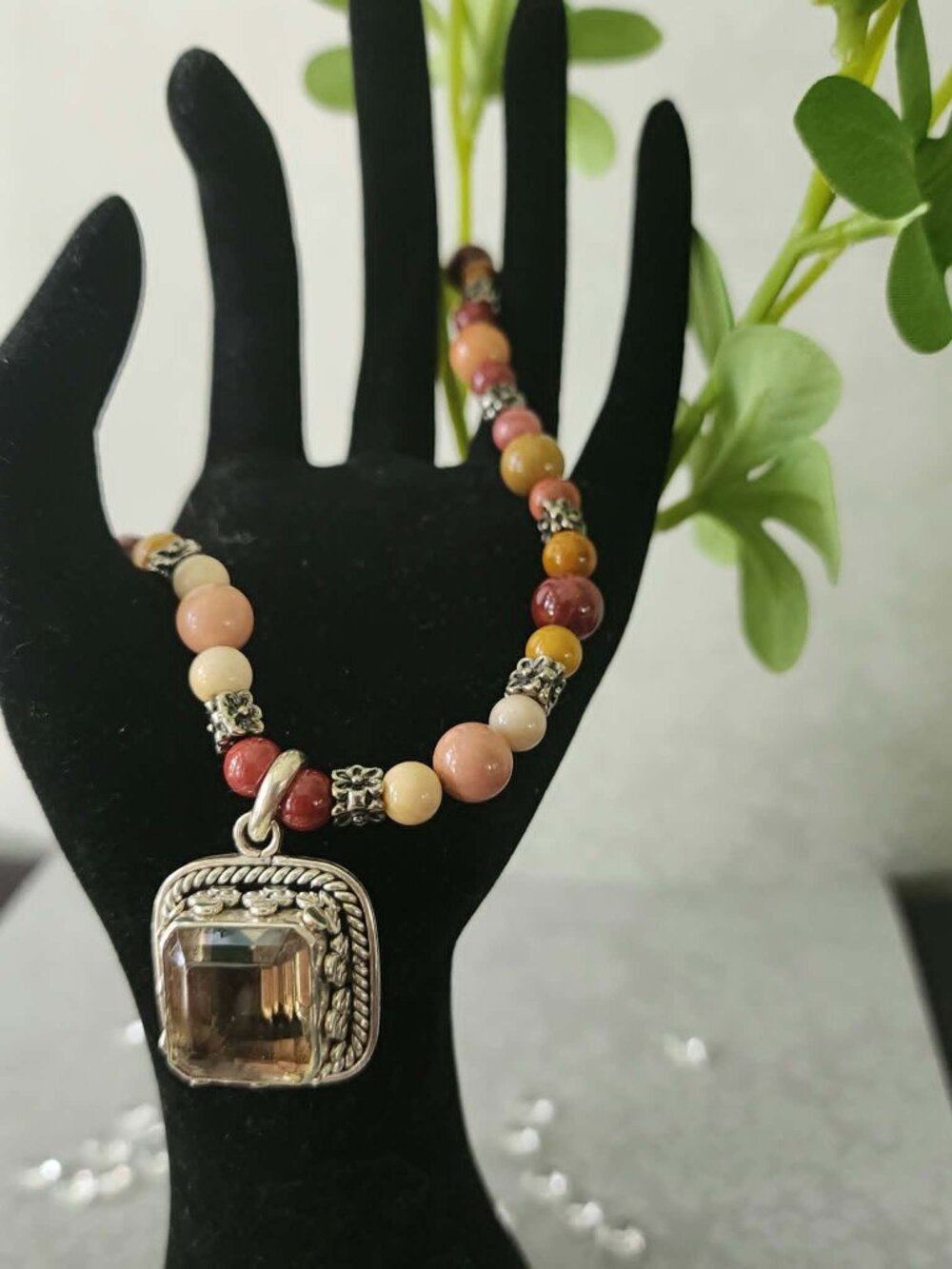 925 Sterling Silver Mookaite Jasper Beaded Necklace Large Faceted Gemstone Penda